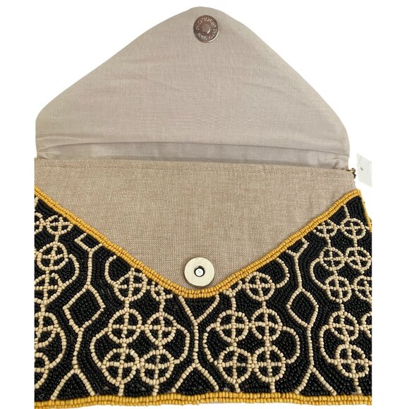 NWT Womens Black & Gold Glass Beaded Small Clutch Bag with Chain Handle Boho - Picture 3 of 9